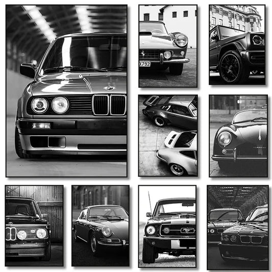 Póster en lienzo de coches en blanco y negro